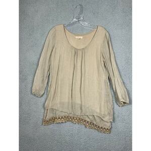 Prontomoda Giusy Women Tan Pure Silk 3/4 Sleeve Top ITALY size XS
